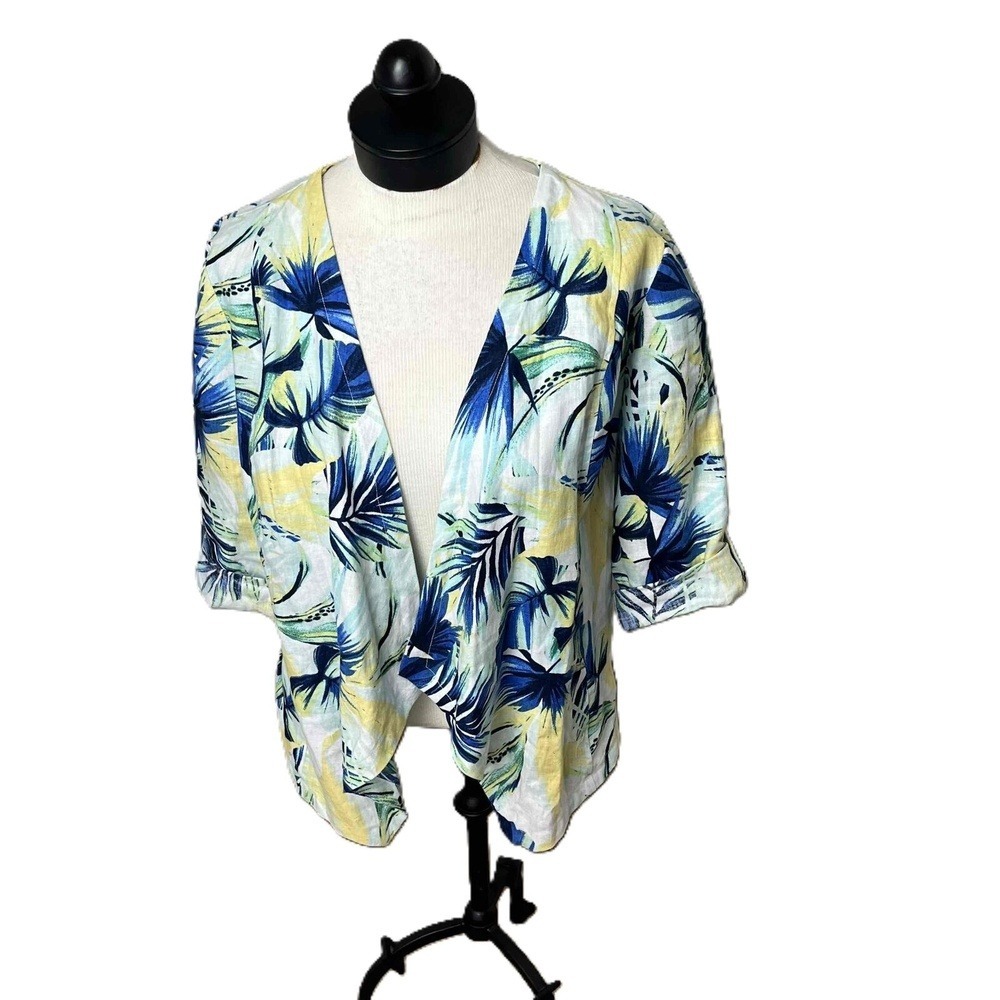 Chicos Tropical Palm Linen Open Front Jacket Womens 1 Medium Blue Yellow Print